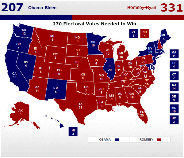 electoral map: Romney 331, Obama 205