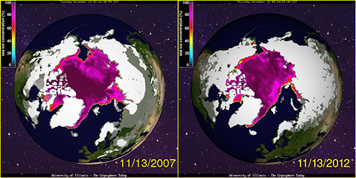 Arctic sea ice comparison, November 13, 2007 and 2011